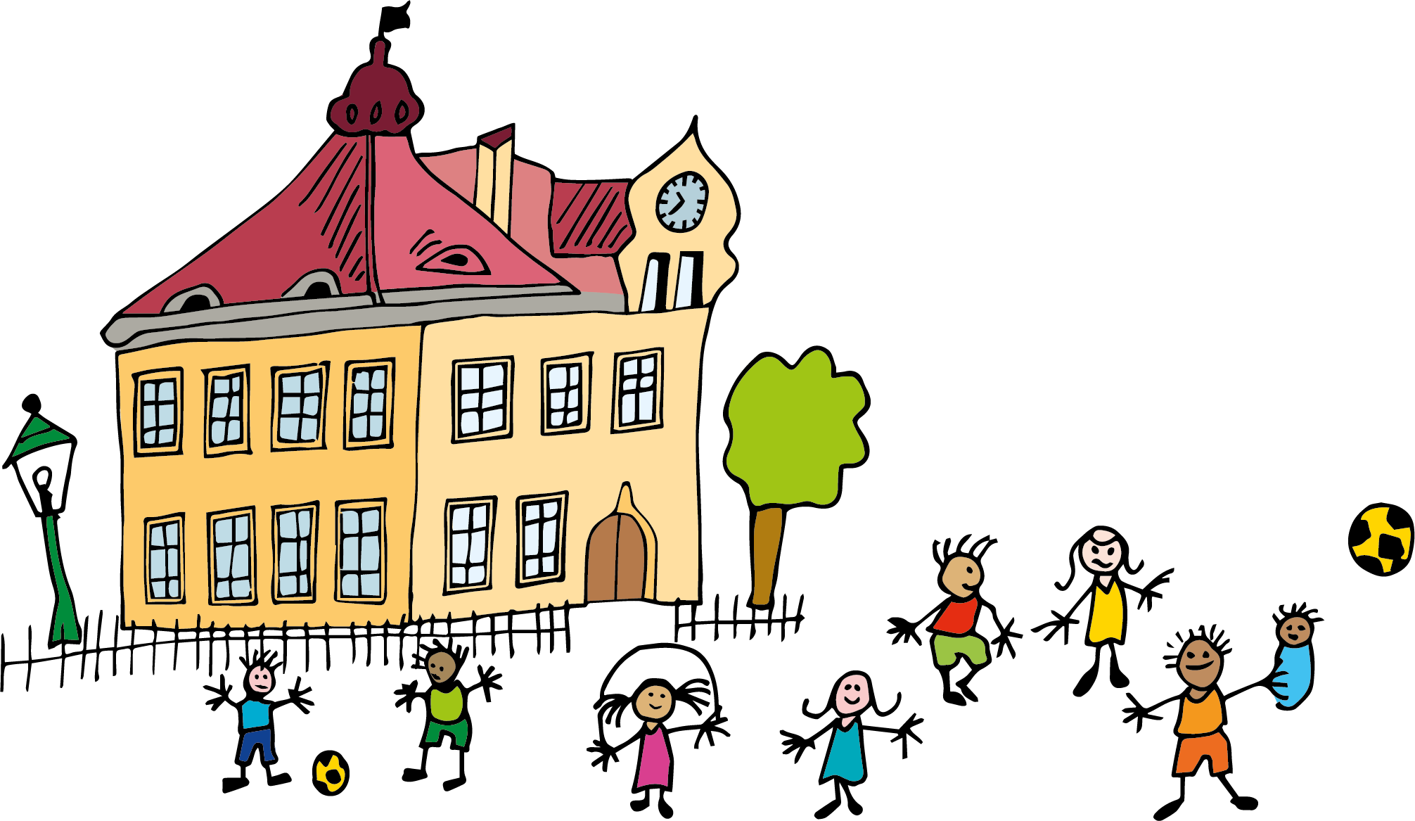 Die Kinderzeichnung zeigt die Herderschule Esslingen mit spielenden Kindern